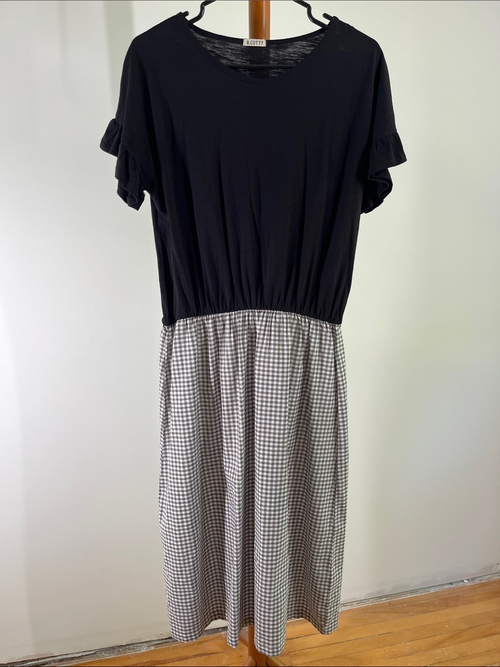 Black Knit Top Gingham Midi Dress by